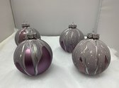 4 boules de Noël peintes à la main mauve, argent, blanc