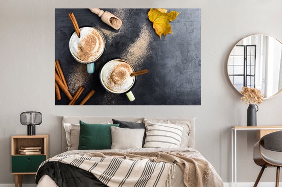 Une photo aérienne d'un café automnal servi avec un poster cannelle 180x120 cm - Tirage photo sur Poster (décoration murale salon / chambre) XXL / Groot format!