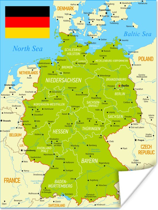 Kleurrijke kaart van Duitsland 90x120 cm - Foto print op Poster (wanddecoratie woonkamer / slaapkamer)