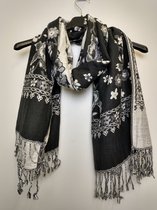 Lange dames sjaal omslagdoek Paula gebloemd zwart wit grijs