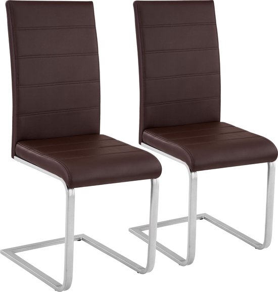 tectake® - Eetkamerstoel set van 2 - Kunstleren stoel met ergonomische rugleuning - Buisframe sledestoel - bruin