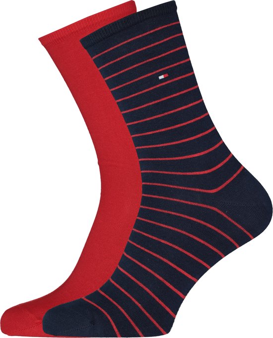 Tommy Hilfiger damessokken Small Stripe (2-pack) - uni en gestreept katoen - rood met blauw - Maat: 35-38
