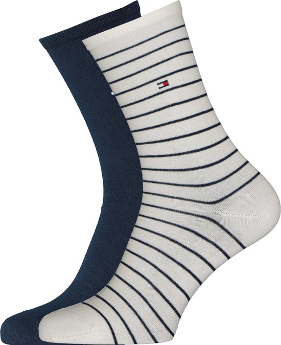 Tommy Hilfiger damessokken Small Stripe (2-pack) - uni en gestreept katoen - off white met blauw - Maat: 39-42