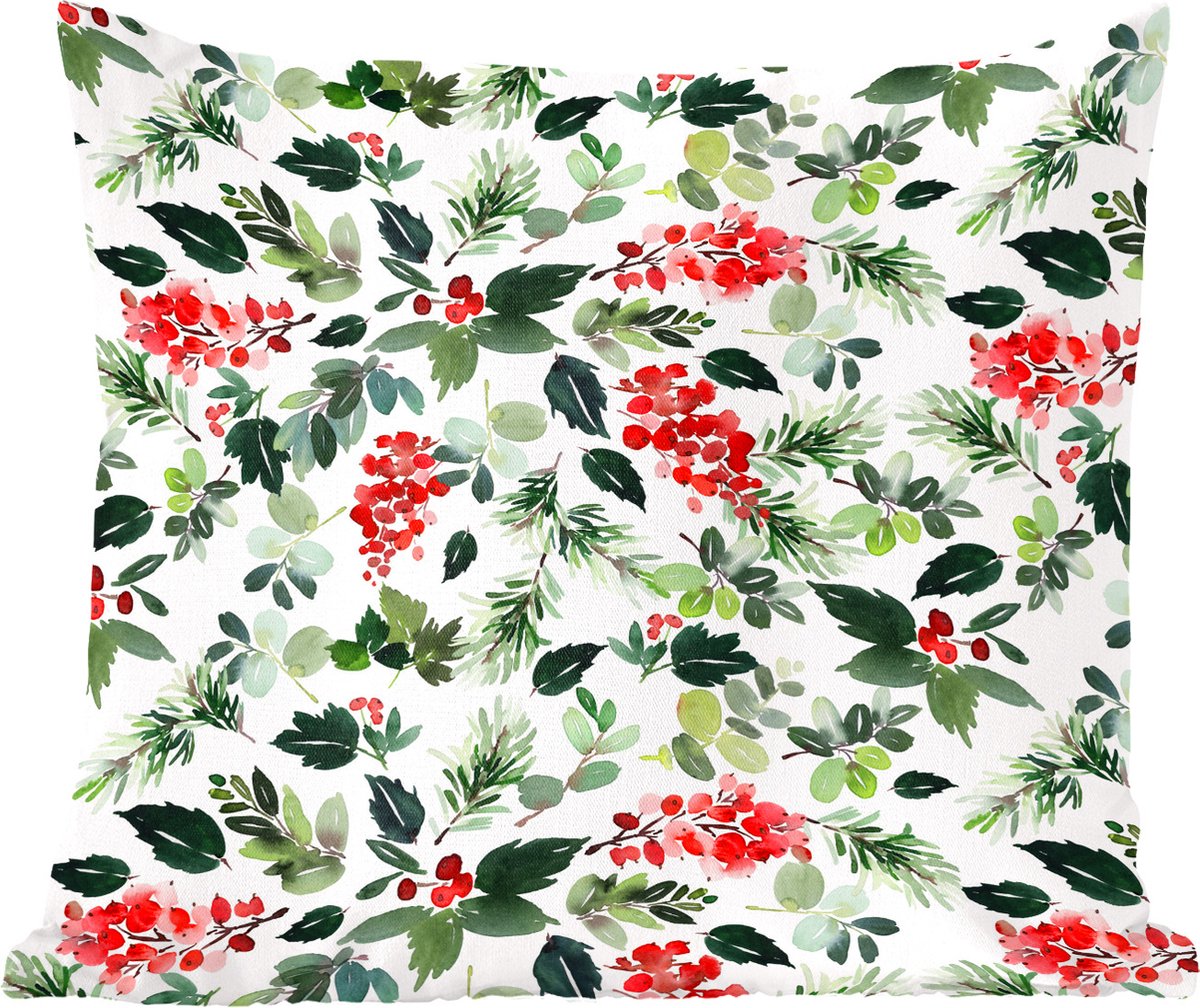 Sierkussens - Kussentjes Woonkamer - 50x50 cm - Waterverf - Bessen - Rood - Kerstversiering - Kerstdecoratie voor binnen - Woonkamer