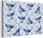 Wanddecoratie Metaal - Aluminium Schilderij Industrieel - Schotse hooglander - Delfts blauw - Patroon - 150x100 cm - Dibond - Foto op aluminium - Industriële muurdecoratie - Voor de woonkamer/slaapkamer