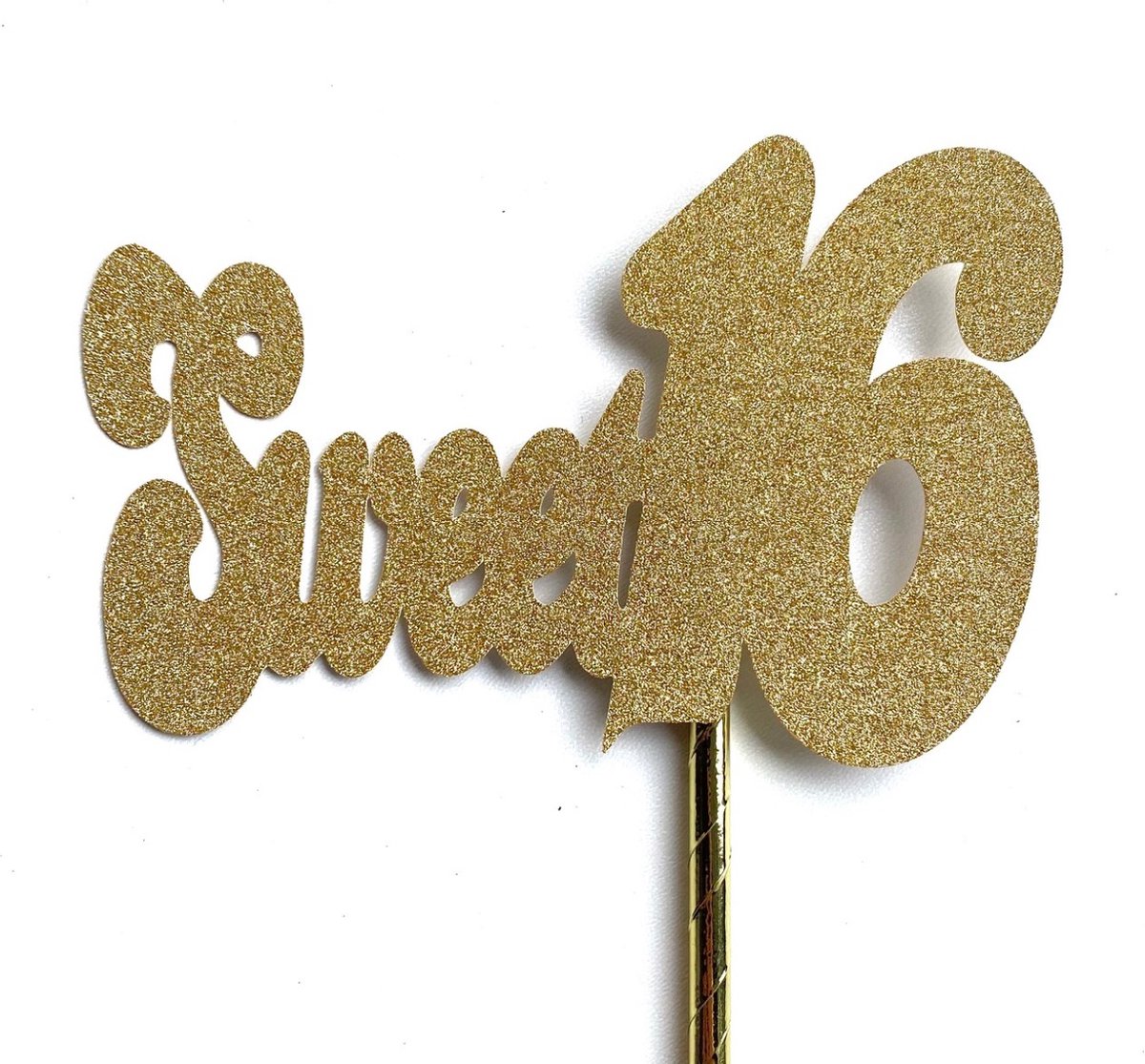 Taartdecoratie versiering| Taarttopper| Cake topper | Verjaardag| Sweet16 | Goud glitter|14 cm| karton