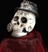 Doodshoofd zwarte hoed en roos - Doodskop - Skelet - Skull - Skeleton - 25 cm hoog - Halloween - Griezel - interieurdecoratie - accessoire - voor binnen - gift - geschenk - cadeau verjaardag