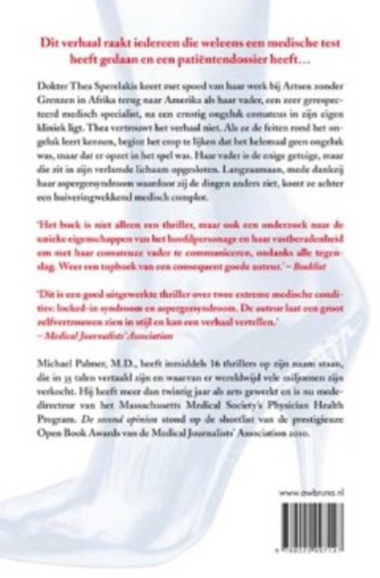 Boek: De second opinion, achterkant met witte pumps en tekst over een medische thriller over locked-in syndroom en aspergersyndroom.