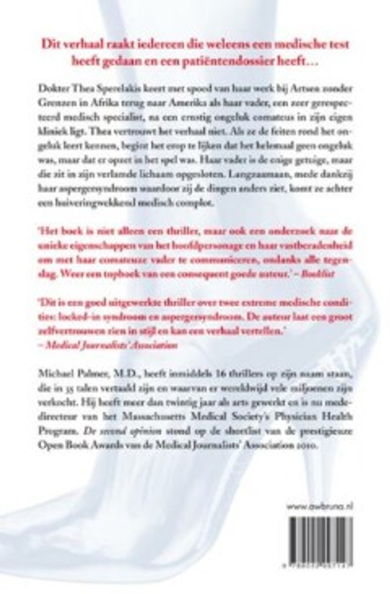 Boek: De second opinion, achterkant met witte pumps en tekst over een medische thriller over locked-in syndroom en aspergersyndroom.