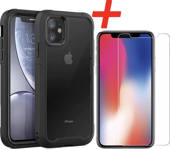 Coque noire pour iPhone 11 et protecteur d'écran en verre côte à côte, avec une croix rouge et un iPhone 11.