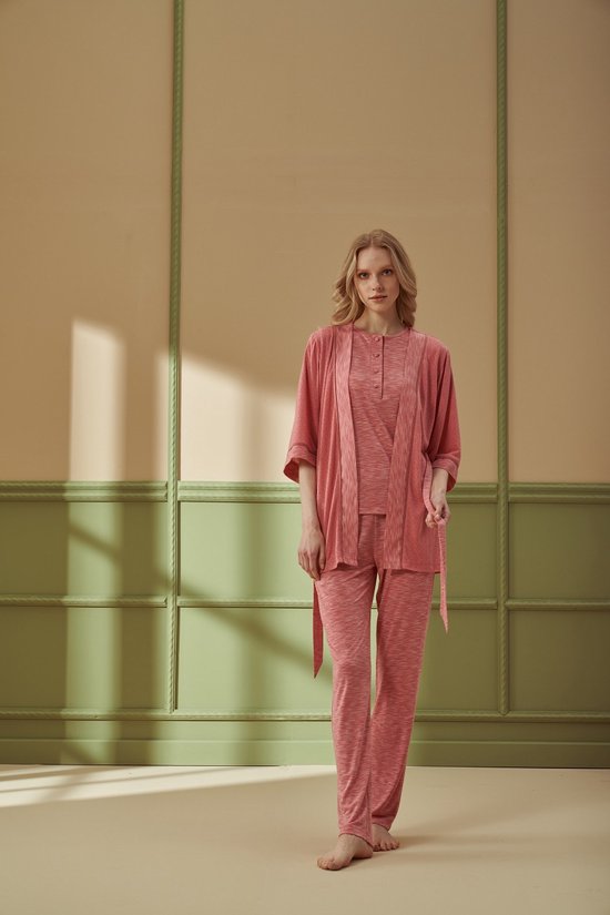 Pijadore - 3 Delige Pyjama Set Voor Dames, Lange Mouwen, Roze