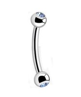 Titanium 8 mm curved barbell 1,2 met 3 mm bal met blauwe steentjes. RH-Jewelry