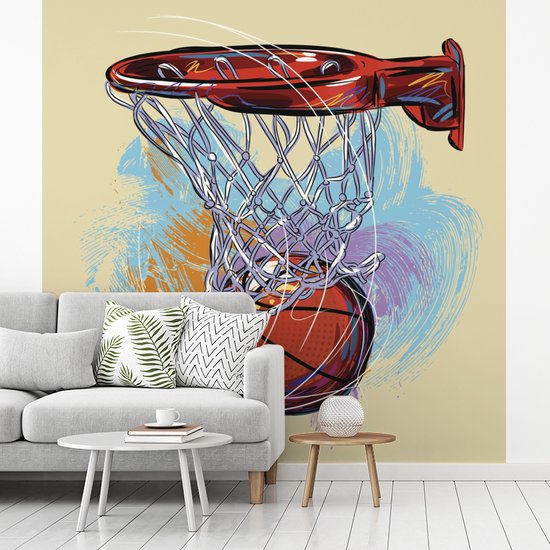 Papier peint photo vinyle - Une illustration d'un ballon de basket frappant la cible à pleine vitesse, largeur 280 cm x hauteur 280 cm - Tirage photo sur papier peint (disponible en 7 tailles)