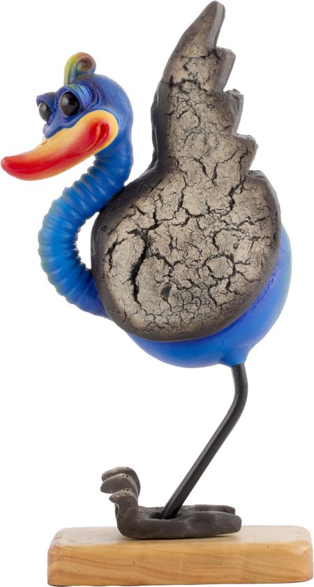 Comix Cartoon - struisvogel - beeld - Zoomer - blauw - uniek handgeschilderd - massief beeld - op houten voet