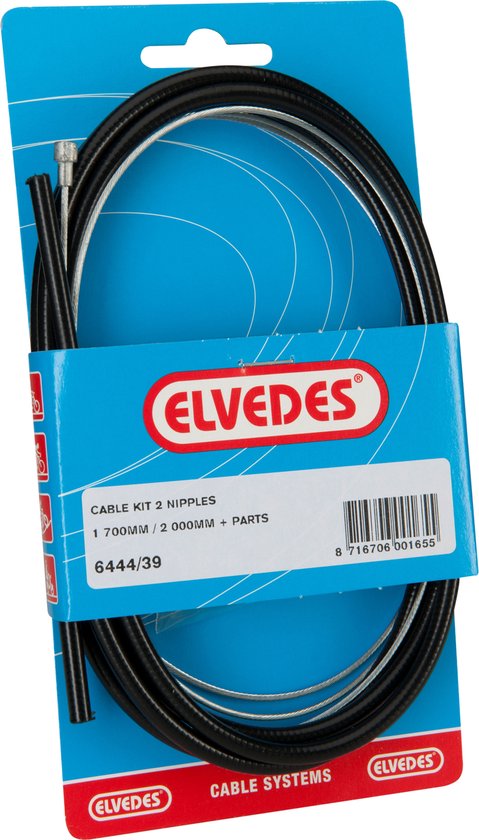 Elvedes kabelkit met zwarte en grijze kabels en onderdelen in plastic zakje.