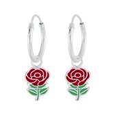 Joy|S - Zilveren bloem bedel oorbellen - rode roosje oorringen