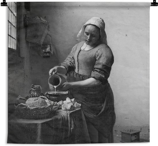 Wandkleed - Wanddoek - Het melkmeisje - Schilderij van Johannes Vermeer - zwart wit - 60x60 cm - Wandtapijt