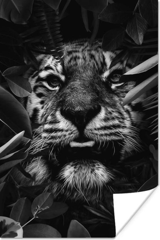 Affiche Tigre parmi les plantes - noir et blanc - 120x180 cm XXL