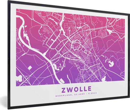 Fotolijst incl. Poster - Stadskaart - Zwolle - Paars - Roze - 90x60 cm -  Posterlijst | bol.com