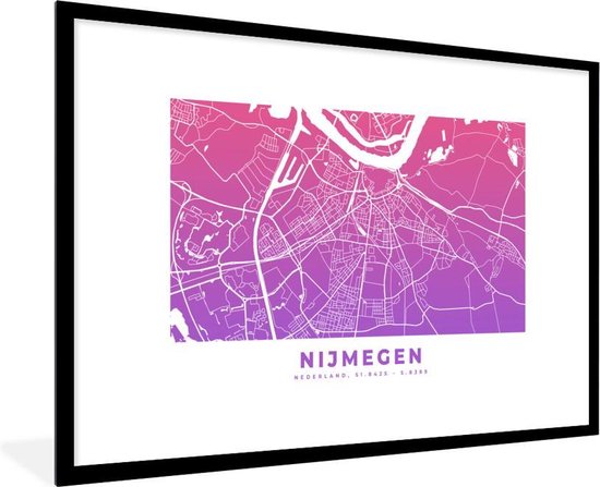 Fotolijst incl. Poster - Stadskaart - Nijmegen - Paars - Roze - 90x60 cm - Posterlijst - Plattegrond