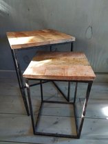 Swiet Home - Set bijzettafeltjes - Tafeltjes van mangohout - Set industriële salontafeltjes van hout met metalen onderstel