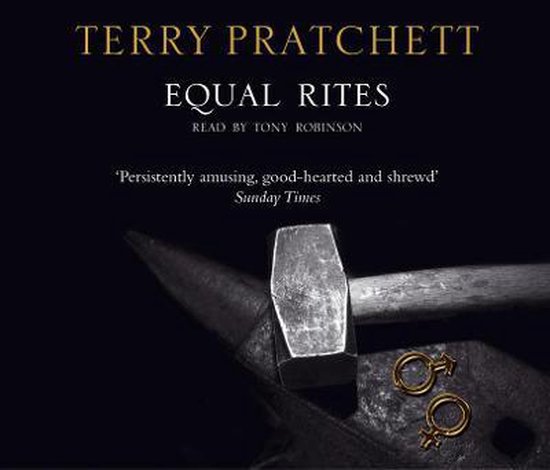 Terry Pratchett's Equal Rites, gelezen door Tony Robinson, met een hamer op een aambeeld en twee gouden symbolen van Venus en Mars.