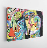 Canvas schilderij - Digital art composition of women face, bird and red cat, contemporary modern art painting vector illustration  -     1056079766 - 80*60 Horizontal