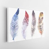 Canvas schilderij - Hand drawn watercolor paintings vibrant feather set. Boho style wings. illustration isolated on white. Bird fly design for T-shirt, invitation, wedding card.Rus