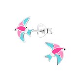 Joy|S - Zilveren vogel oorbellen - 9 x 10 mm - roze blauw