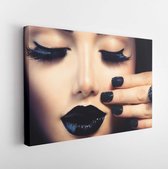 Canvas schilderij - Beauty Fashion Model Girl with Black Make up, Long Lushes. Fashion Trendy Caviar Black Manicure. Nail Art. Dark Lipstick and Nail Polish. Isolated over black background -    151558850 - 40*30 Horizontal