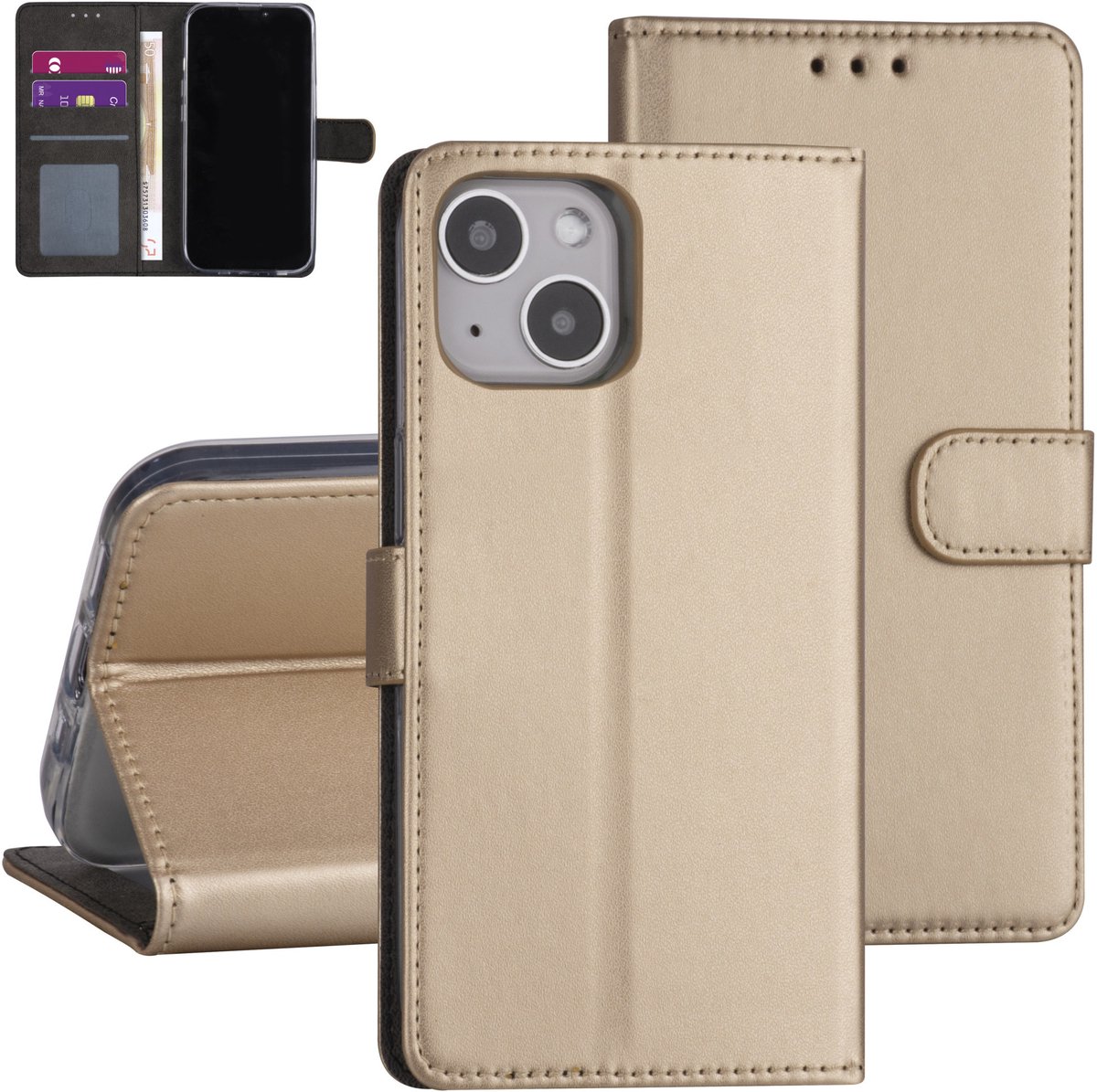 Goud hoesje voor iPhone 13 - Booktype - Pasjeshouder - Magneetsluiting