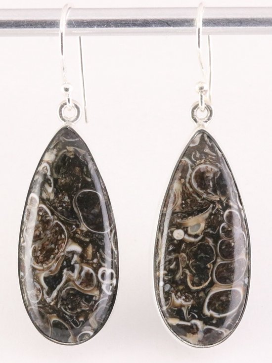 Lange druppelvormige zilveren oorbellen met turitella agaat