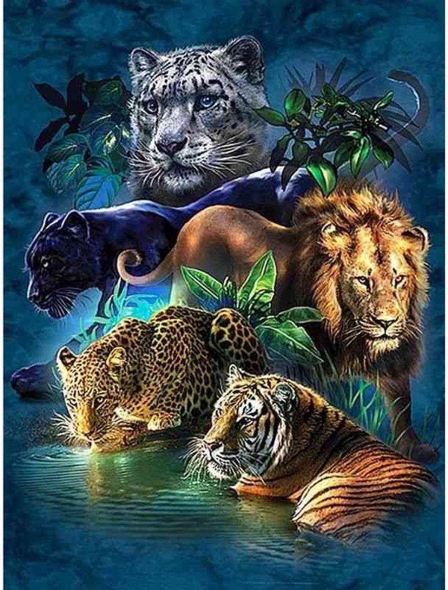 Diamond painting - Vijf wilde dieren - Geproduceerd in Nederland - 30 x 40 cm - canvas materiaal - vierkante steentjes - Binnen 2-3 werkdagen in huis