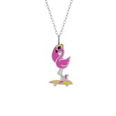 Ketting kinderen | Zilveren ketting met hanger, flamingo op skateboard
