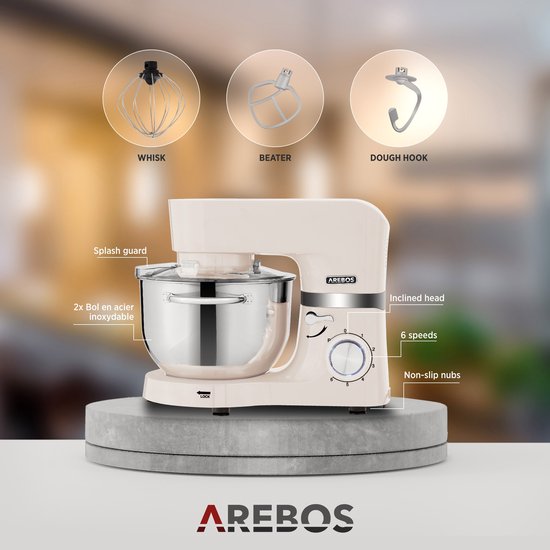 AREBOS Keukenmachine - 1500W - Keukenrobot - 5,5L&4,5L - Keukenmixer - Foodprocessor - Roestvrij Stalen Mengkom - 6 Snelheden - Crème van AREBOS — afbeelding 3