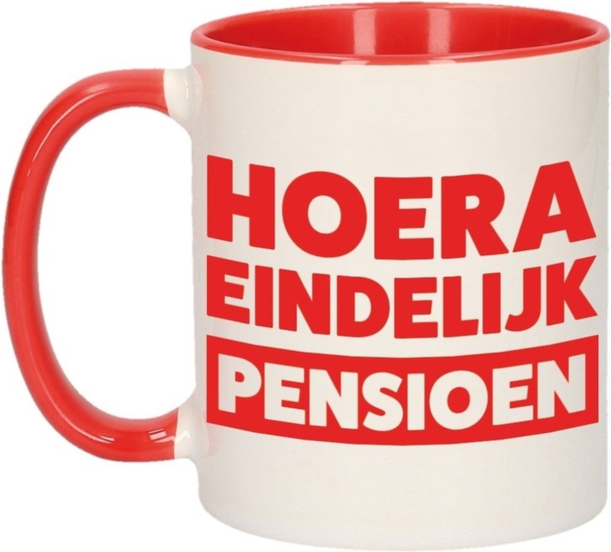 Pensioen mok / beker rood - hoera eindelijk met pensioen - 300 ml - VUT