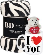 Valentijn cadeau set - Fleece plaid/deken zebra print met I love you mok en beertje - Cadeau vrouw, vriendin, geliefde