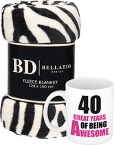 Cadeau verjaardag 40 jaar vrouw - Fleece plaid/deken zebra print met 40 great years awesome mok