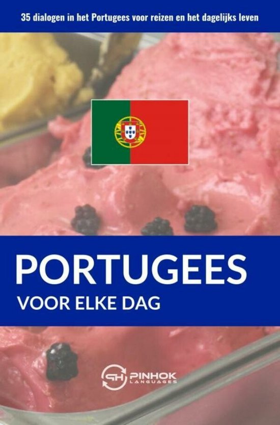 Boek "Portugees voor elke dag" met Portugese vlag en roze ijs.