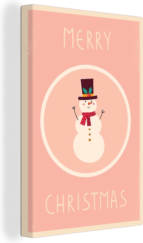 Canvas Schilderij Sneeuwpop - Quotes - Kerst - Merry christmas - Roze - Winter - 20x30 cm - Wanddecoratie