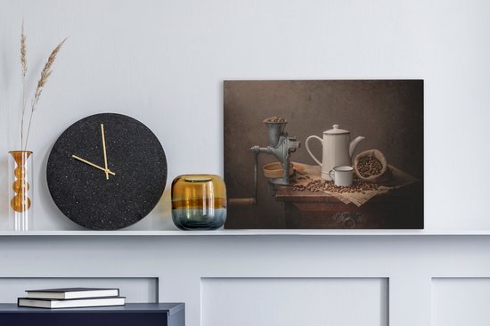 Canvas Schilderij Vele koffie bonen met draai apparaat - 40x30 cm - Wanddecoratie