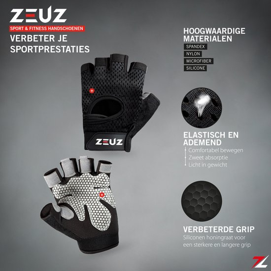 Zwarte sport- en fitnesshandschoenen met grijze details en honingraatpatroon op de handpalm voor extra grip.