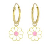 Joy|S - Zilveren madelief bloem bedel oorbellen - oorringen - roze glitter - 14k goudplating