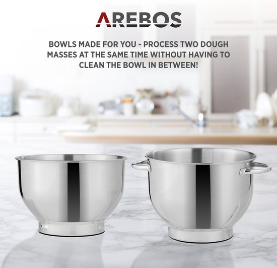 AREBOS Keukenmachine - 1500W - Keukenrobot - 5,5L&4,5L - Keukenmixer - Foodprocessor - Roestvrij Stalen Mengkom - 6 Snelheden - Zwart van AREBOS — afbeelding 4
