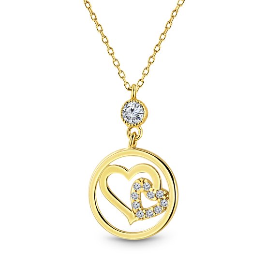 Juwelier Emo - Gouden Ketting met Hart hanger - 14 Karaat Geelgoud – Zirkonia stenen – Lengte 42 CM