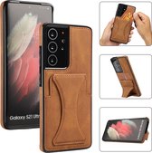 Samsung Galaxy S21 Ultra Lederen Hoesje | Back Cover Telefoonhoesje | Pasjeshouder | Bruin