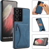Samsung Galaxy S21 Ultra Lederen Hoesje | Back Cover Telefoonhoesje | Pasjeshouder | Blauw