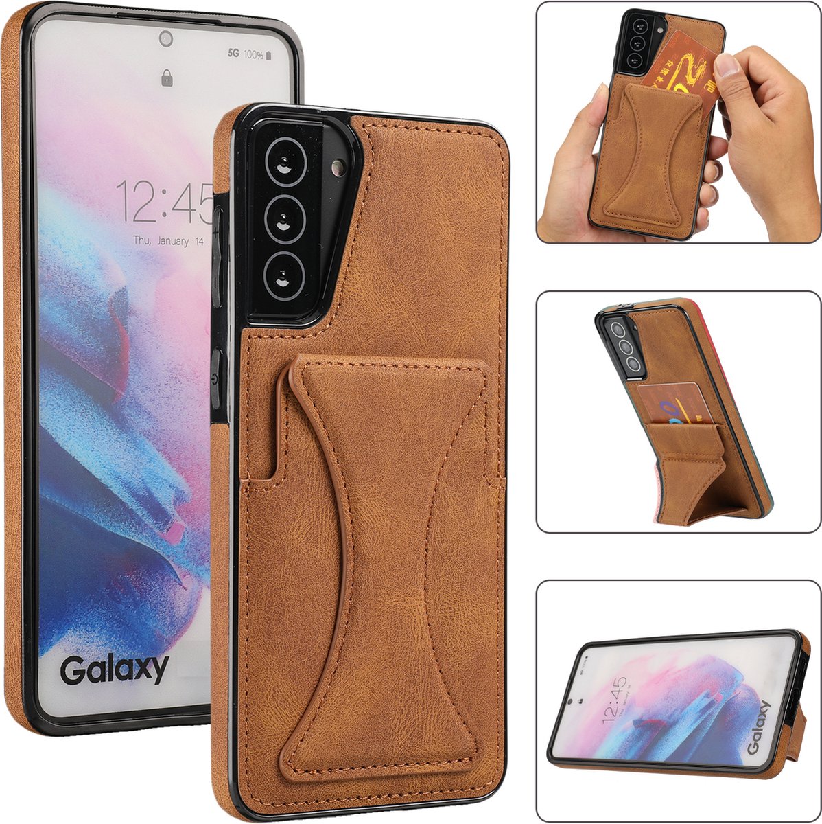 Lederen Hoesje geschikt voor Samsung Galaxy S21 | Back Cover Telefoonhoesje | Pasjeshouder | Bruin