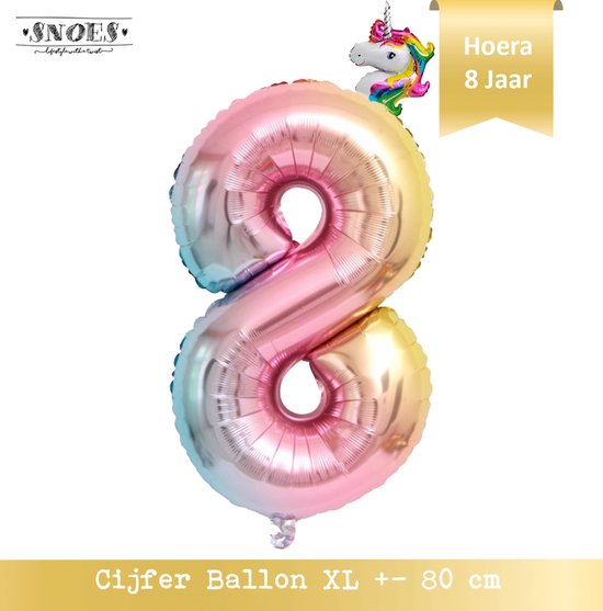 8 Jaar Folie Ballon Regenboog * 80 cm ballon * Snoes * Verjaardag Hoera 8 Jaar met Mini Unicorn Ballon * Eenhoorn Ballon * Feestje * Versieren * Magical * Cijfer ballon 8 Jaar
