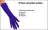 6x Paar Handschoenen nylon lang blauw assortie maten M, L en XL - Themafeest | Sinterklaas | Piet | Sint | Pieten | Handschoen